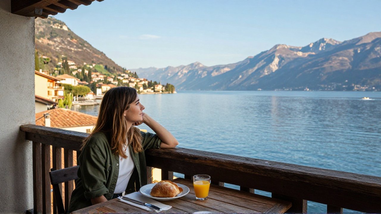 Una joven desayuna relajada en un balcón de madera con vistas al lago y las montañas.