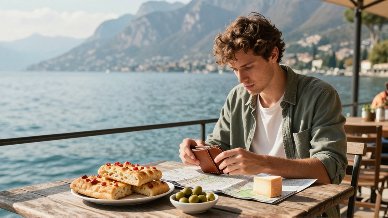 Un viajero organiza un mapa y su cartera frente a un picnic con vistas al Lago de Garda.