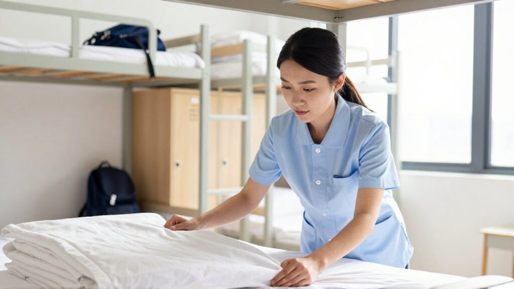 Una joven con uniforme revisa la limpieza de una cama recién hecha en un dormitorio de hostal.