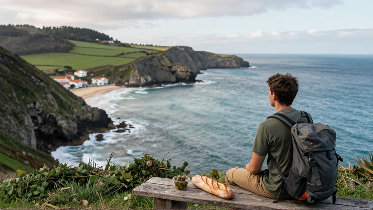 Un joven viajero observa el paisaje costero y los acantilados de la costa norte española.