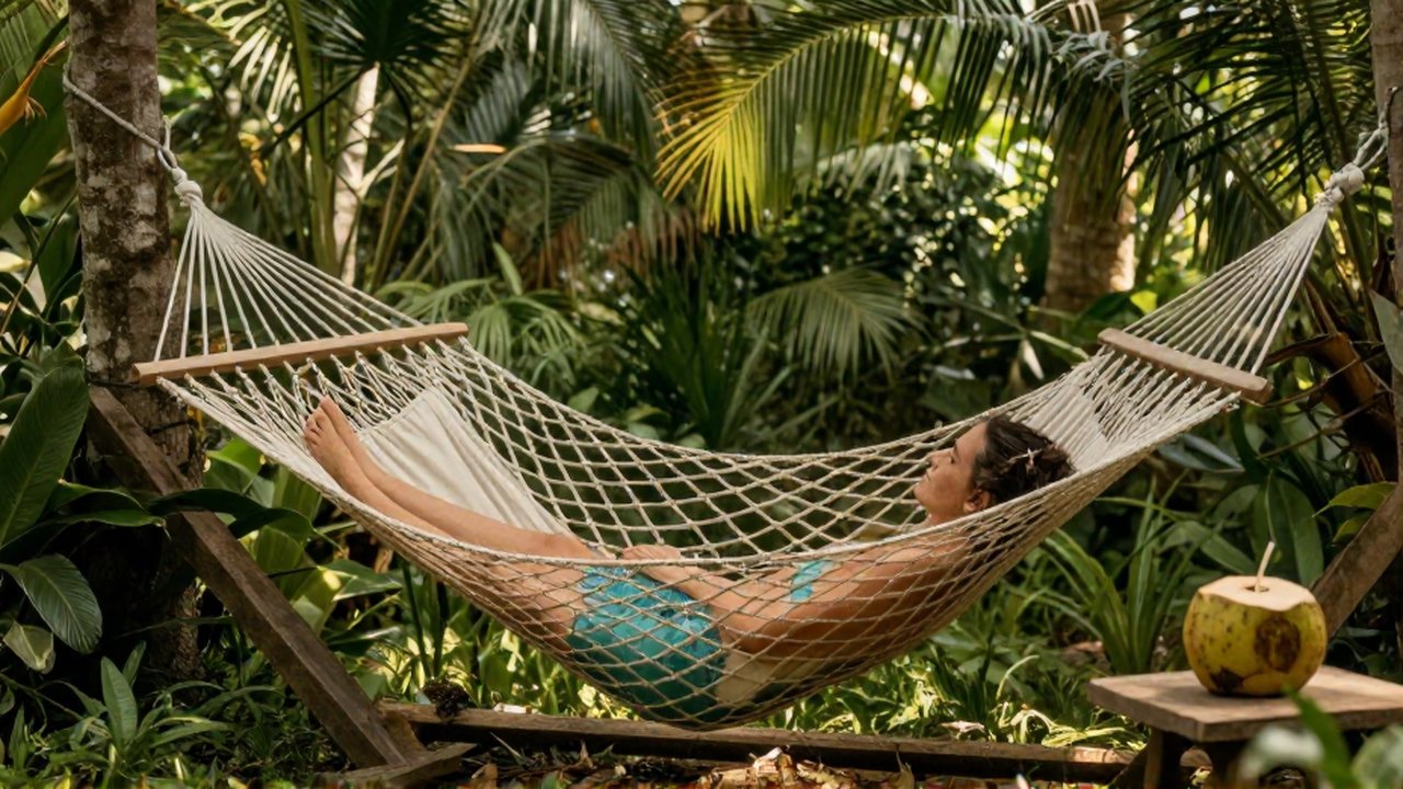 Persona relajada en una hamaca de cuerda en un exuberante jardín tropical con una bebida de coco.