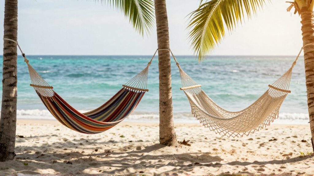 Comparación entre una hamaca de tela estampada y una de red de macramé en una playa tropical.