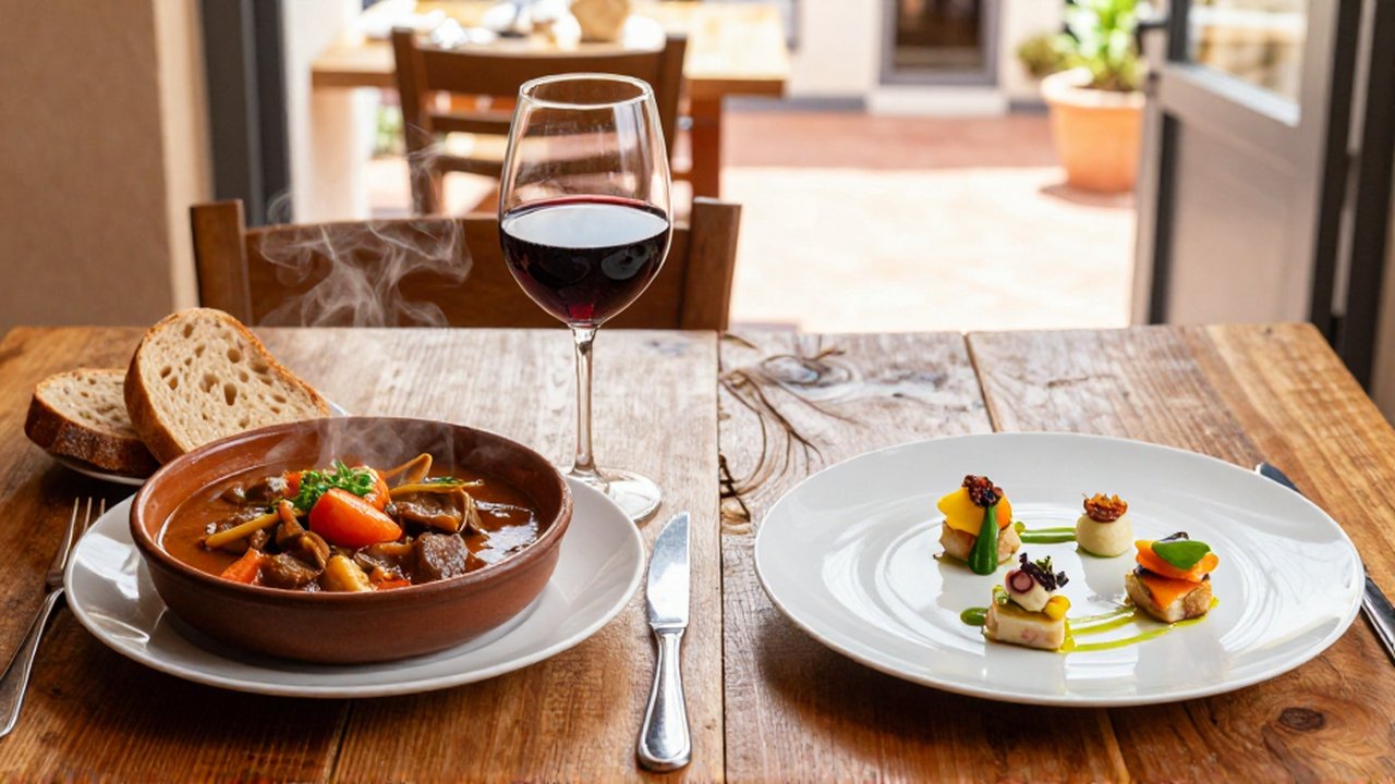 Comparativa entre un plato abundante de estofado con pan y tres pequeños bocados gourmet minimalistas.