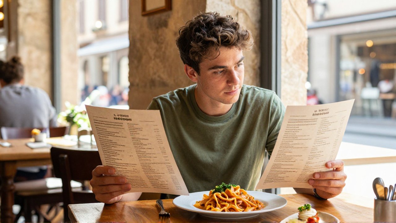 Un viajero reflexivo compara dos menús en un bistro europeo iluminado por el sol.