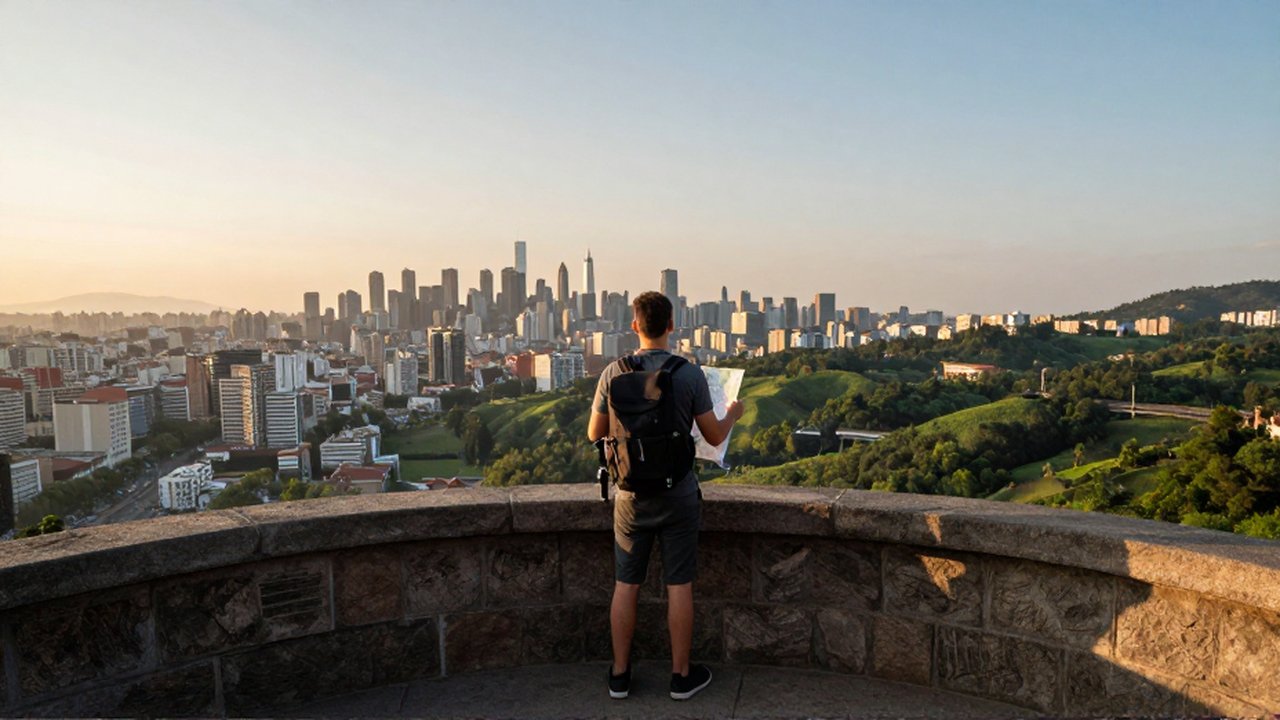 Viajero con mochila observa desde un mirador el contraste entre una ciudad y un valle verde.