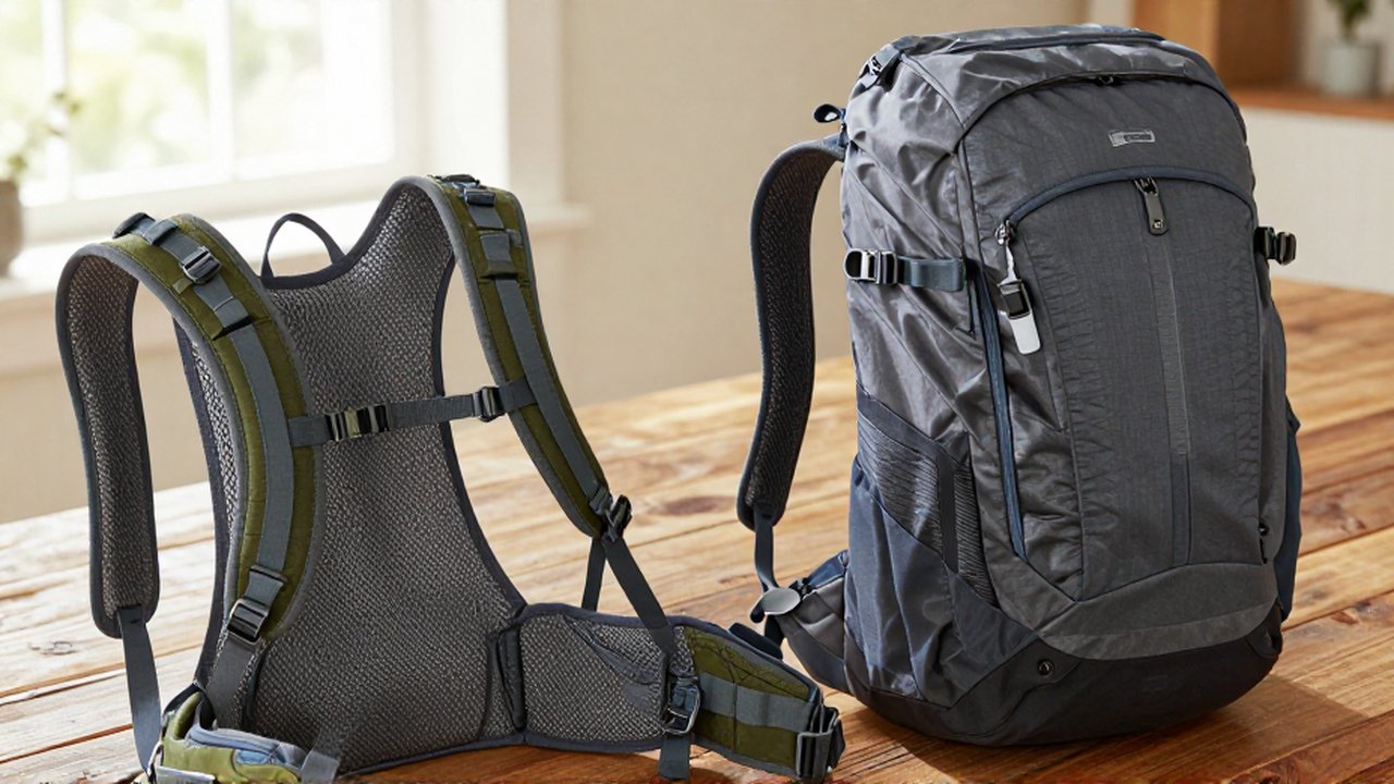Comparación detallada de una mochila de senderismo robusta y una de viaje estilizada sobre madera.