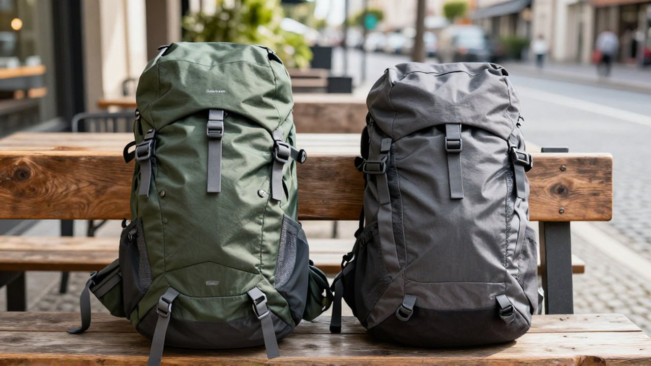 Dos mochilas, una técnica de montaña y otra urbana minimalista, reposan sobre un banco de madera.