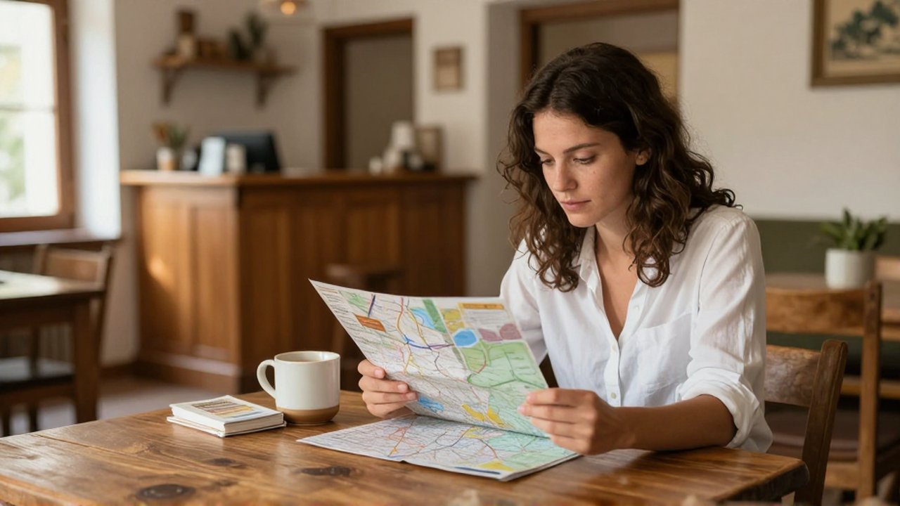 Una mujer sentada en una mesa de madera consulta un mapa y una guía en una pensión europea.