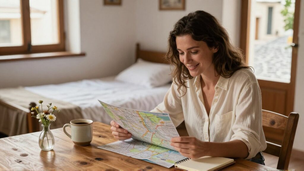 Una mujer sonríe mientras planea su ruta con un mapa en una acogedora pensión rústica.