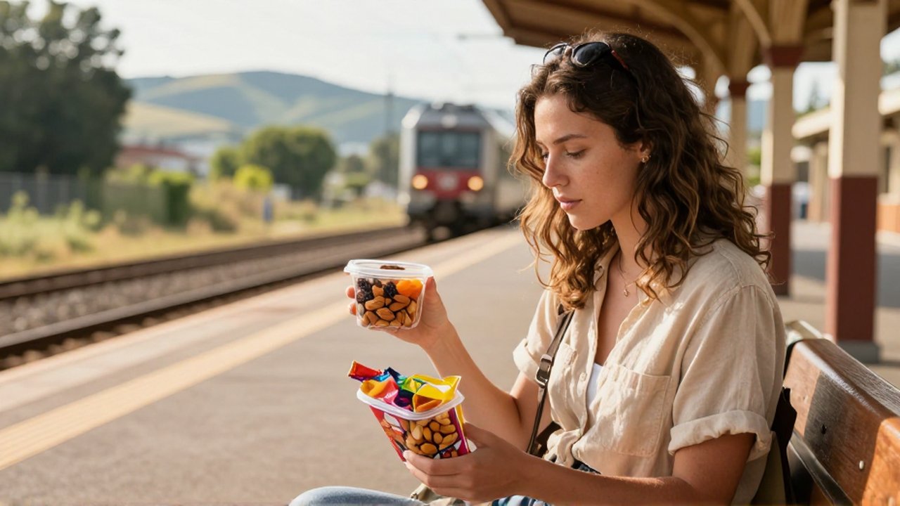 Una joven viajera compara un recipiente con frutos secos frente a una bolsa de snacks en una estación de tren.