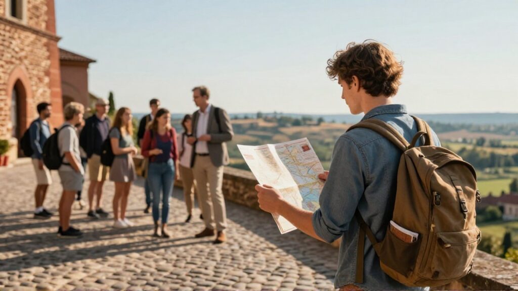 Un joven viajero con mochila consulta un mapa de papel frente a un paisaje europeo histórico.