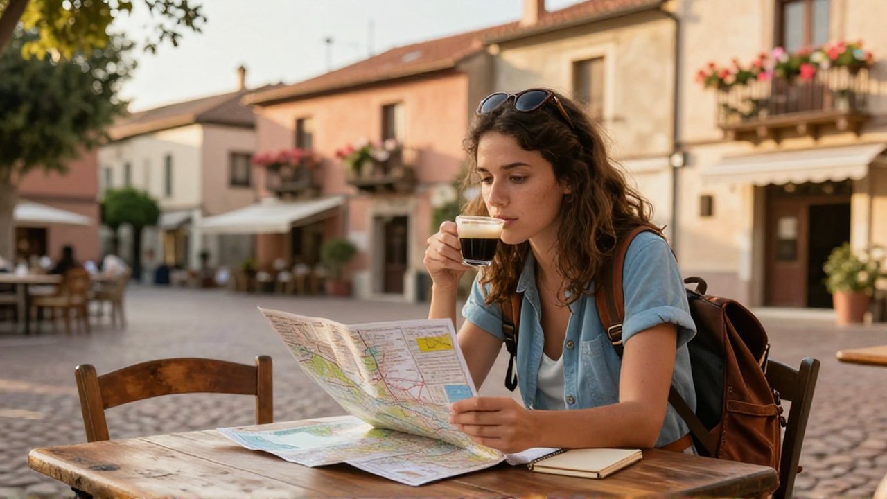 Una joven viajera observa un mapa y un cuaderno mientras toma café en una plaza europea.