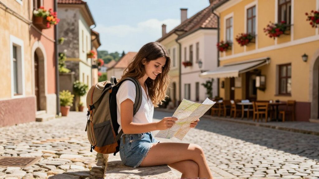 Una joven viajera sonríe mientras consulta un mapa sentada en un muro de piedra en un pueblo europeo.