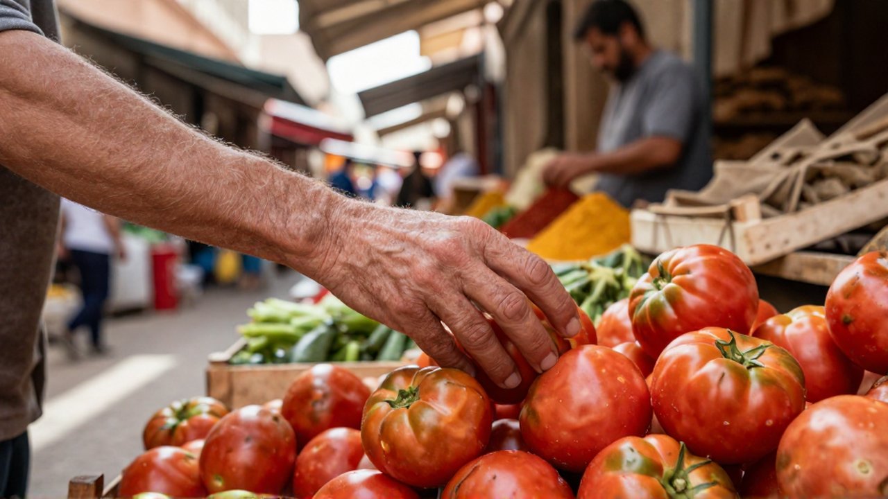 Una mano vacila al acercarse a un montón de tomates ligeramente dañados en un mercado concurrido.