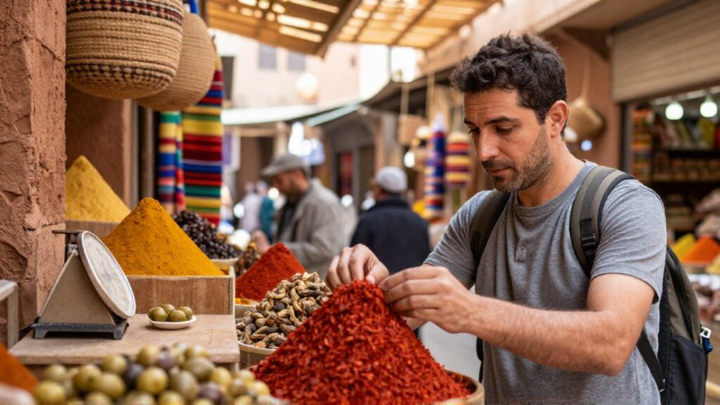 Un viajero examina con cautela montones de especias rojas en un colorido puesto de un mercado.