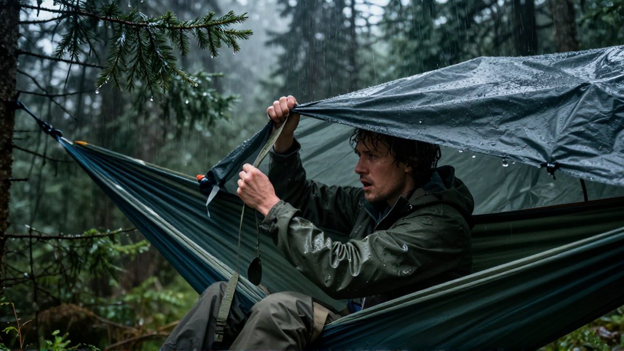 Un viajero frustrado intenta ajustar una lona bajo la lluvia intensa en un bosque nublado.