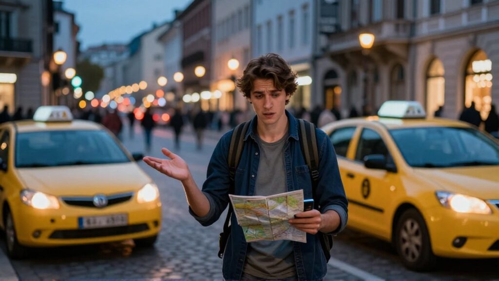 Un viajero confundido consulta un mapa y su móvil mientras intenta detener un taxi en una calle europea al atardecer.
