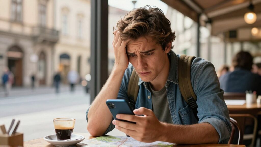Un joven viajero con gesto de frustración intenta usar su móvil en un café europeo.