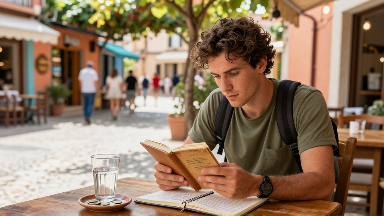 Un joven viajero estudia una guía y un cuaderno en una mesa de café mediterráneo.