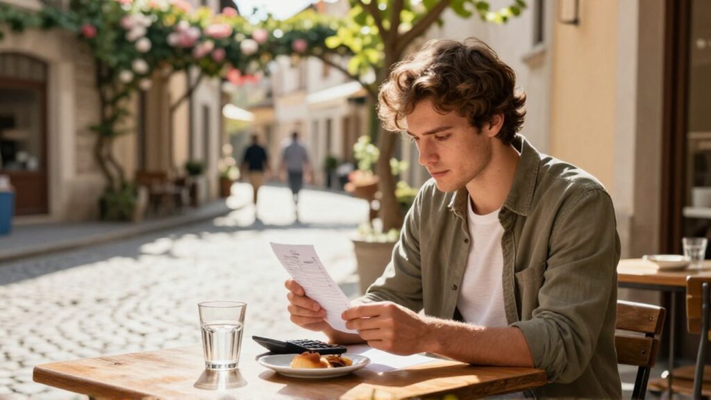 Un joven viajero calcula sus gastos con una calculadora y un recibo en una cafetería europea.
