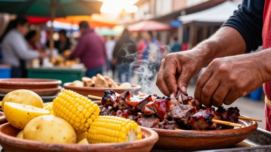 Manos de un vendedor acomodando anticuchos con papas y maíz en un mercado peruano.