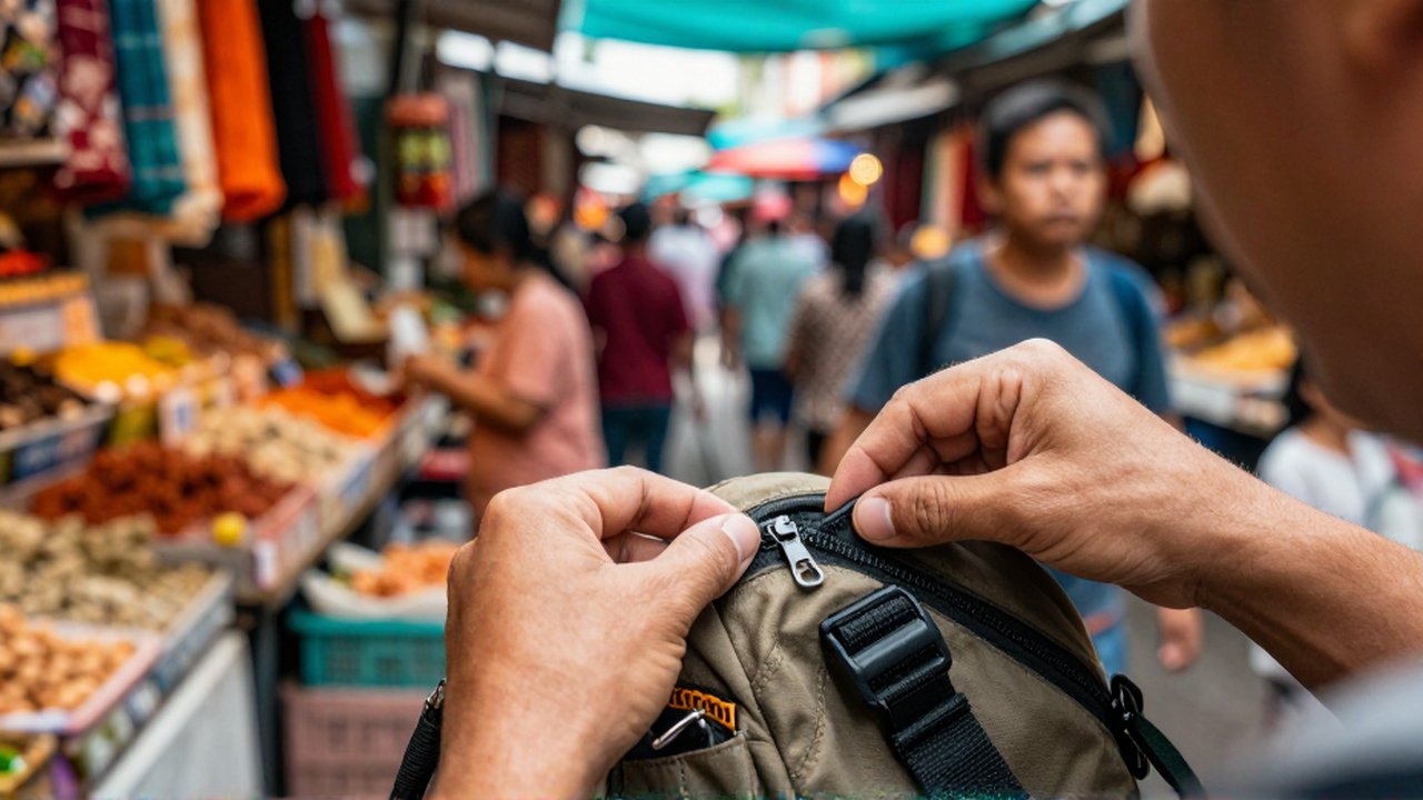 Manos de un viajero cerrando un compartimento secreto en un bolso mientras recorren un mercado concurrido.