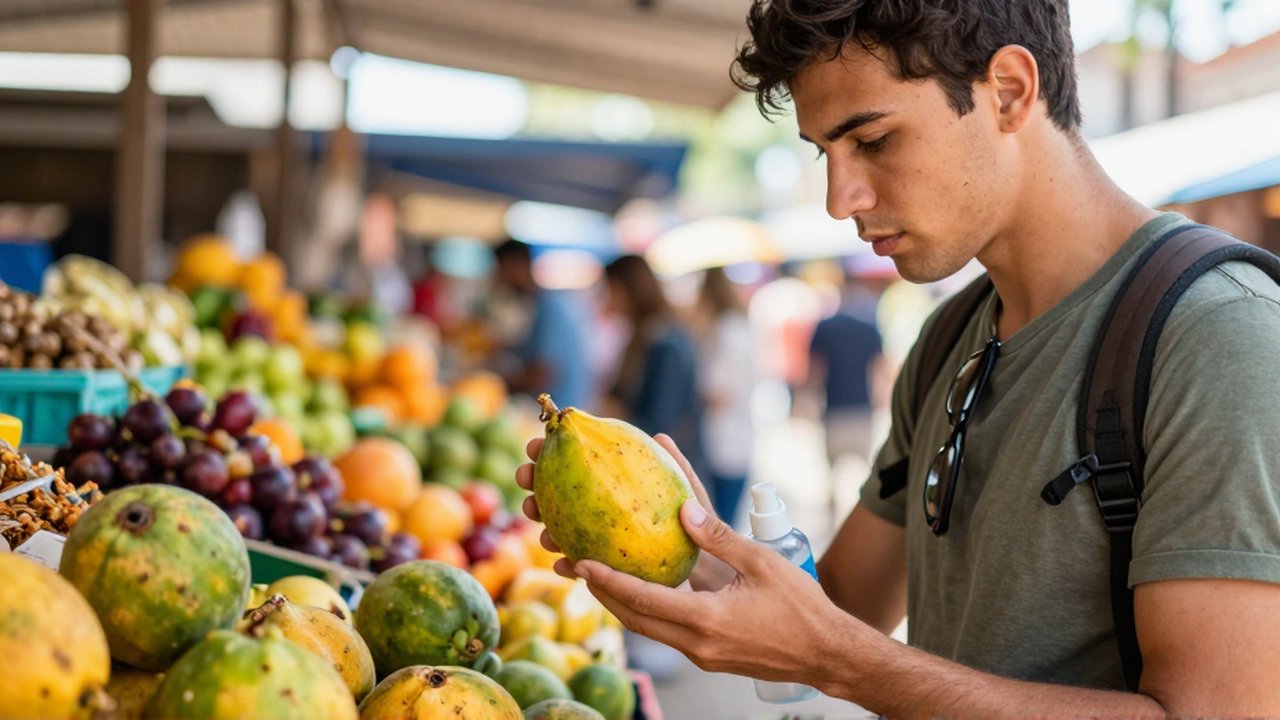 Un viajero inspecciona una fruta tropical en un mercado local colorido mientras sostiene desinfectante de manos.