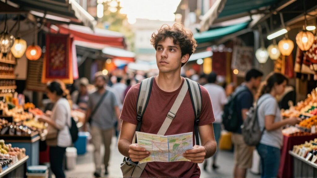 Un joven viajero con un mapa observa con cautela un concurrido mercado al aire libre en el sudeste asiático.