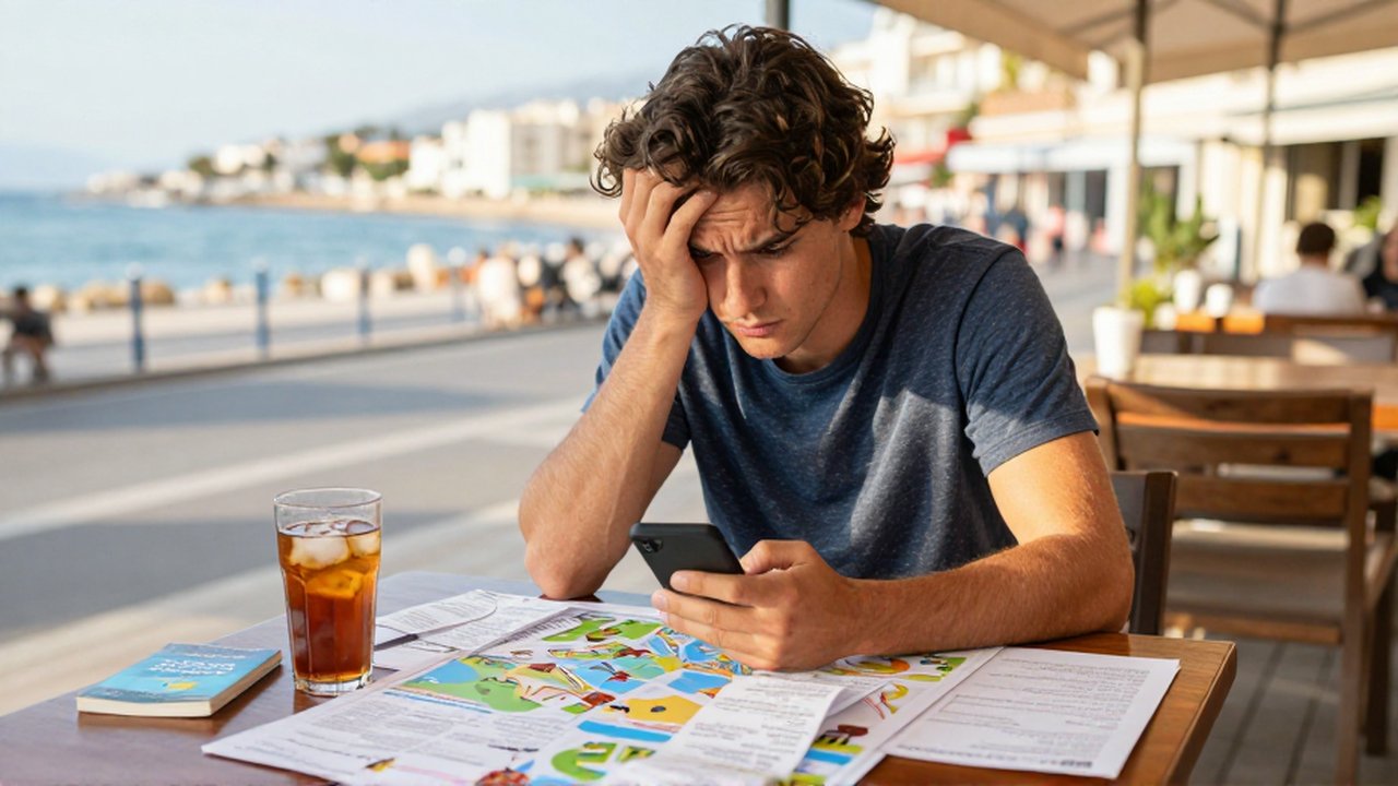 Un viajero frustrado revisa documentos y mapas sobre una mesa en una terraza costera soleada.
