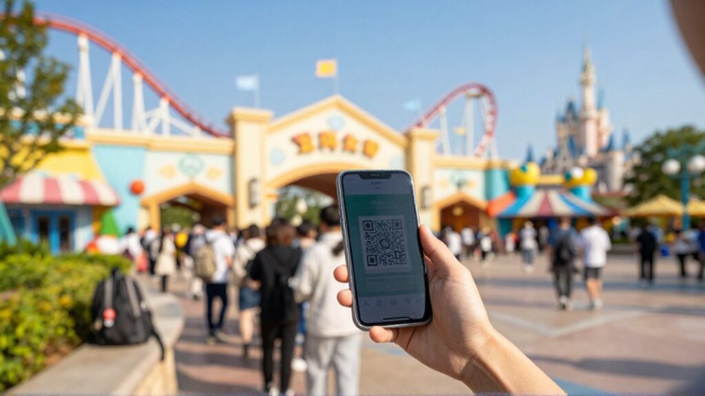 Mano de un viajero sosteniendo un teléfono con un código QR ante la entrada de un parque temático.