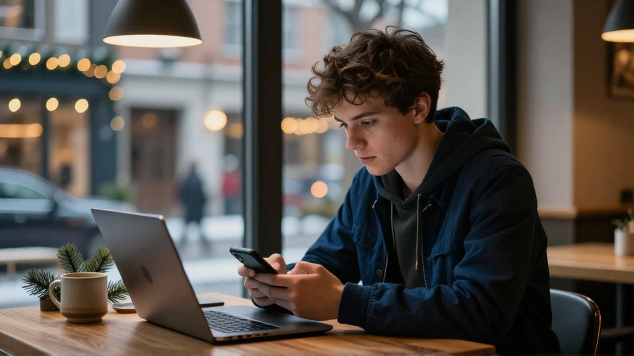 Un joven planifica un viaje con su laptop y celular en un café acogedor con ambiente navideño.