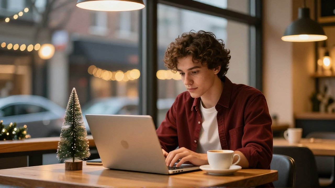 Joven viajero planea sus vacaciones en un portátil dentro de una acogedora cafetería con ambiente navideño.