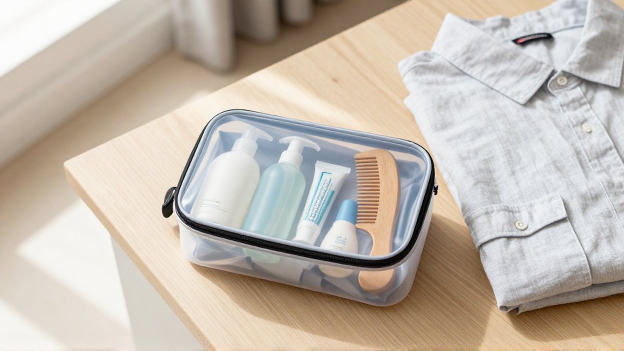 Kit de aseo transparente con artículos de viaje sobre una mesa de madera junto a una camisa.