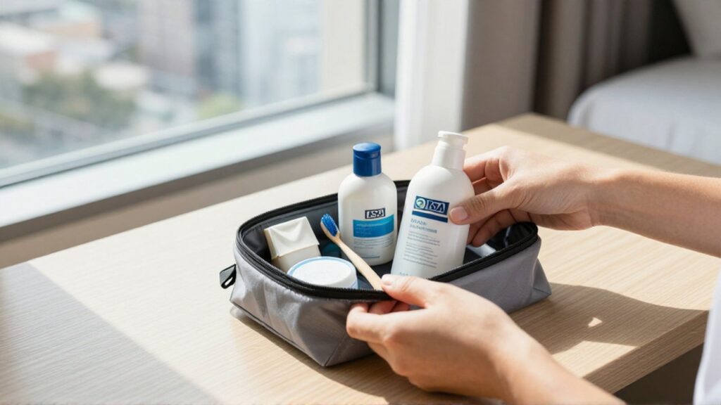 Manos de un viajero organizando productos de higiene personal en un estuche sobre un escritorio de hotel.