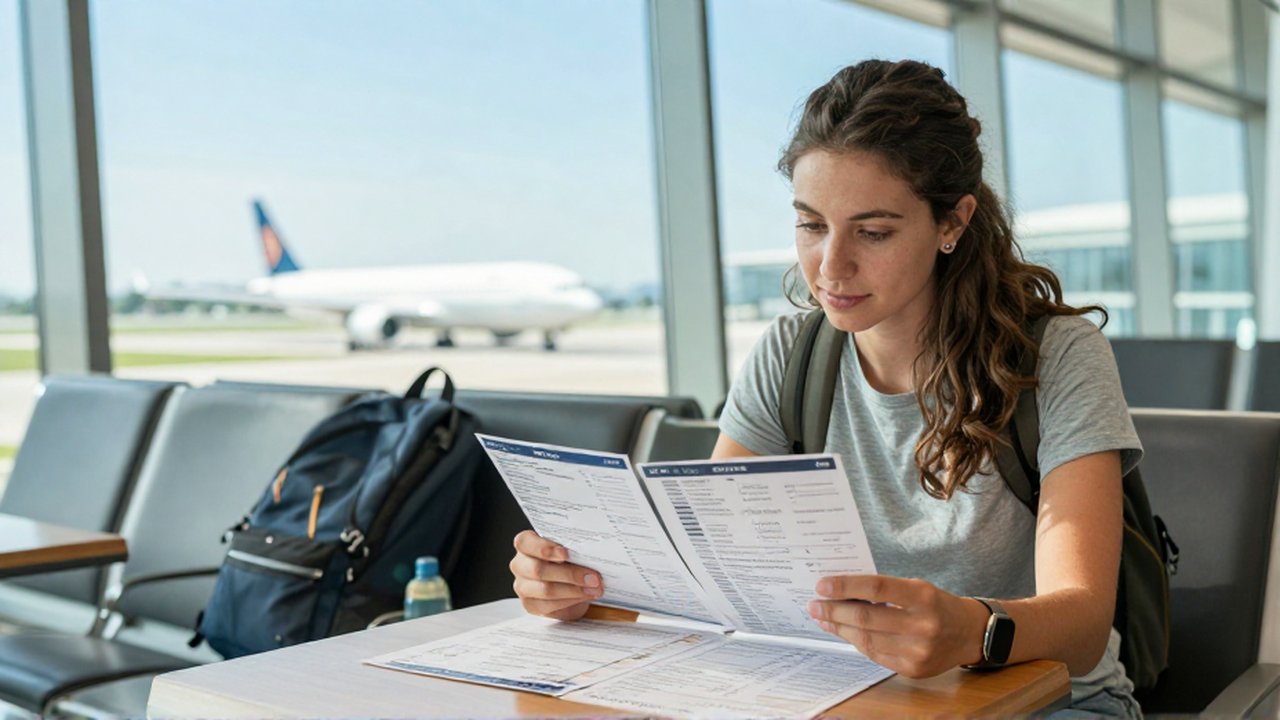 Una joven viajera compara sus itinerarios de vuelo sentada frente a la pista de un aeropuerto.