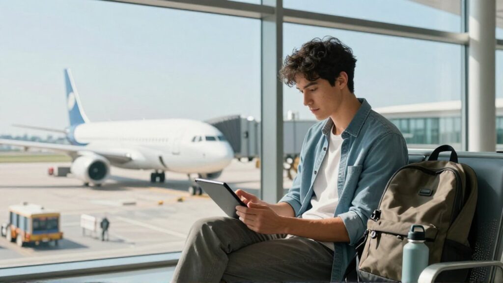 Joven viajero consulta opciones de vuelo en una tableta sentado en una terminal de aeropuerto iluminada.