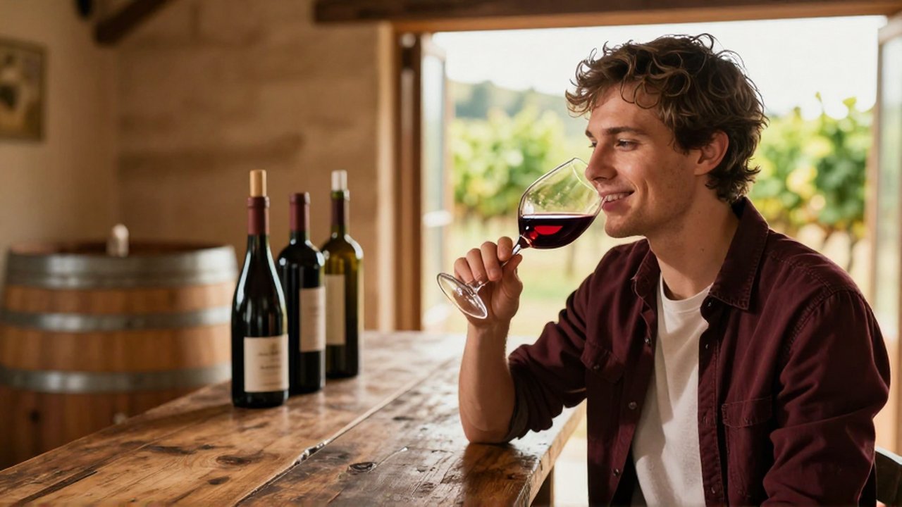 Una persona sonriente prueba vino tinto en una bodega rústica bañada por la luz solar.