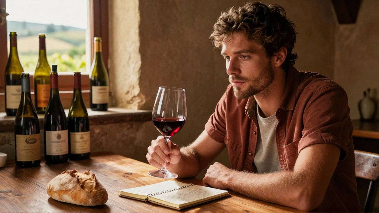 Un viajero observa el color de un vino tinto en una bodega rústica soleada.