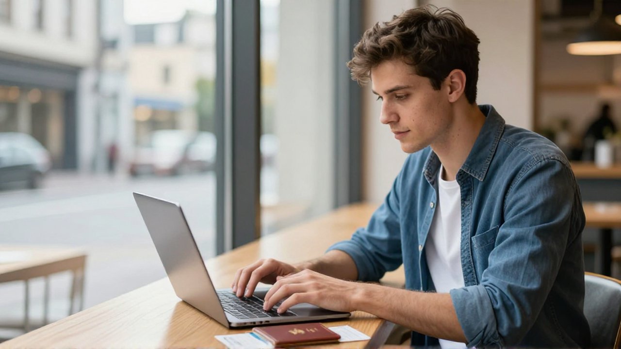 Joven viajero concentrado trabajando en su laptop con un pasaporte y pase de abordar en un café iluminado.