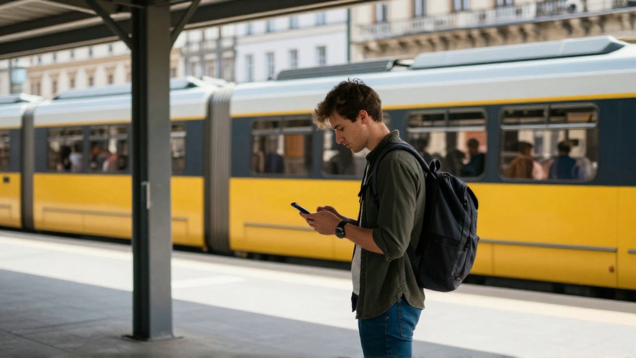 Una joven viajera con mochila consulta su celular en un moderno andén de metro de Budapest.