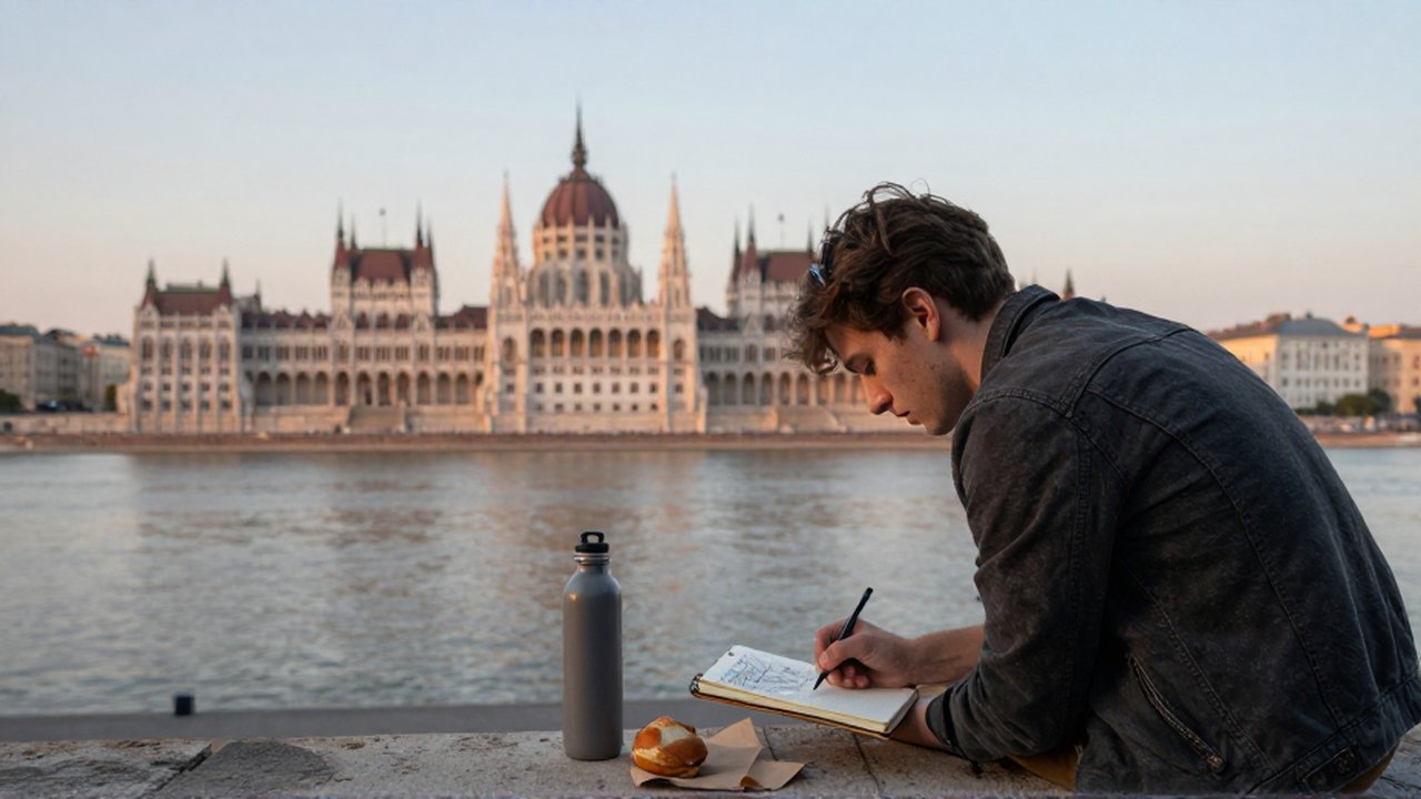 Un viajero dibuja en un cuaderno sentado en una terraza frente al edificio del Parlamento húngaro.
