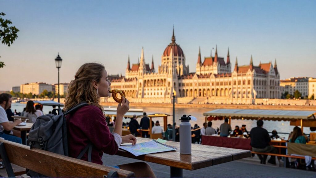 Una joven viajera come un lángos en un mercado al aire libre con el Parlamento de Budapest al fondo.