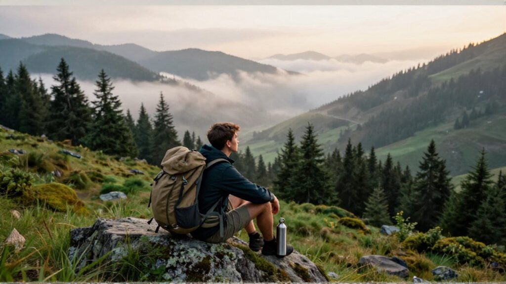 Un joven excursionista contempla un valle montañoso cubierto de niebla durante el amanecer.
