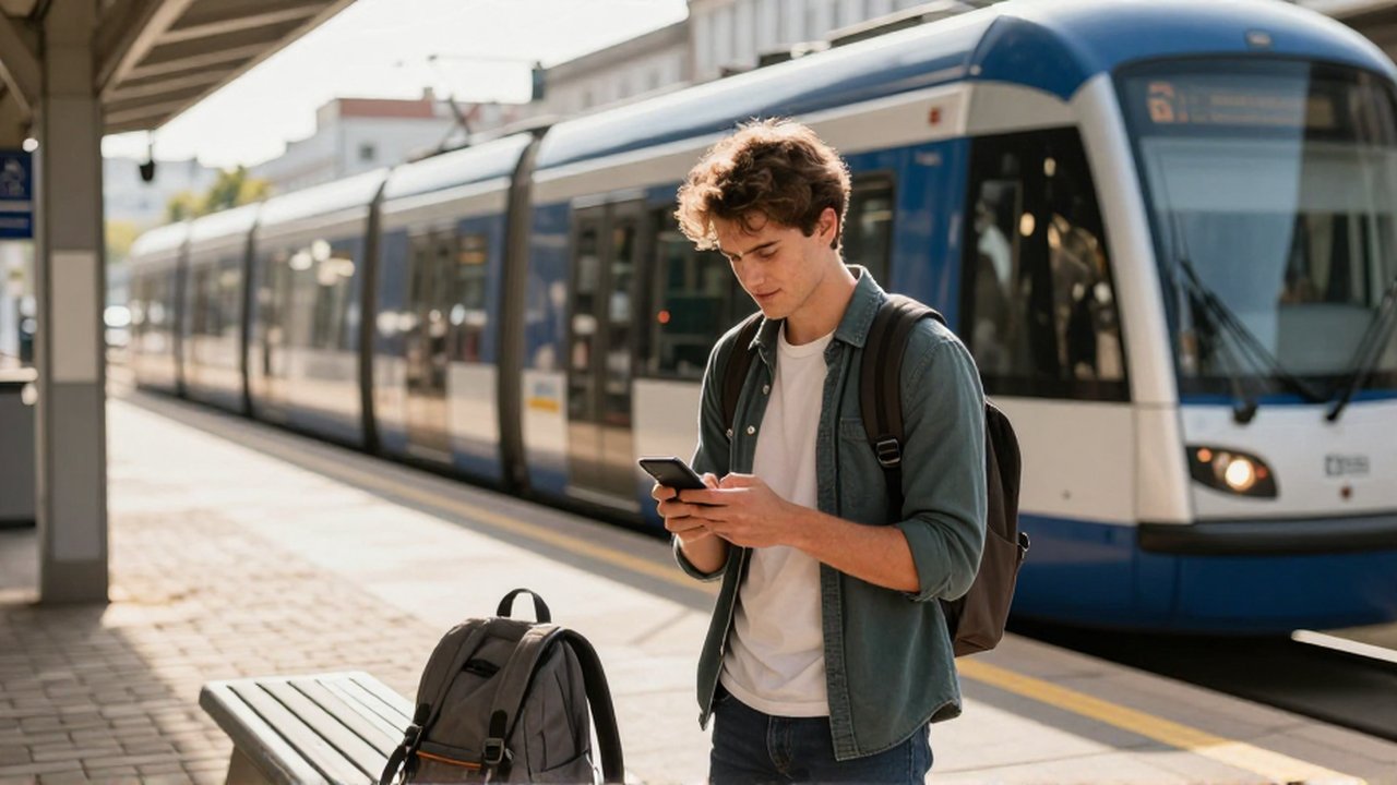 Un viajero consulta su celular en una plataforma moderna mientras un tranvía se aproxima.