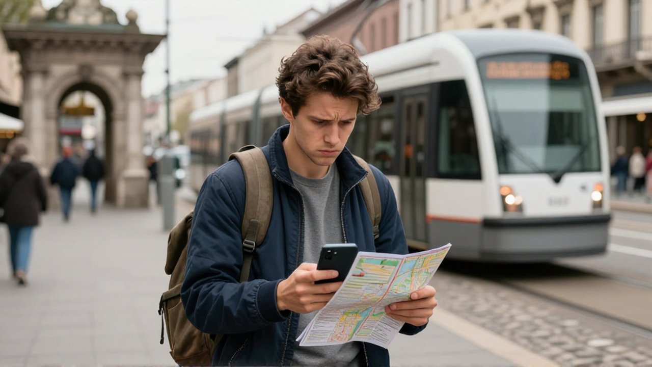 Un viajero confundido consulta su móvil y un mapa de papel en una calle europea con un tranvía al fondo.