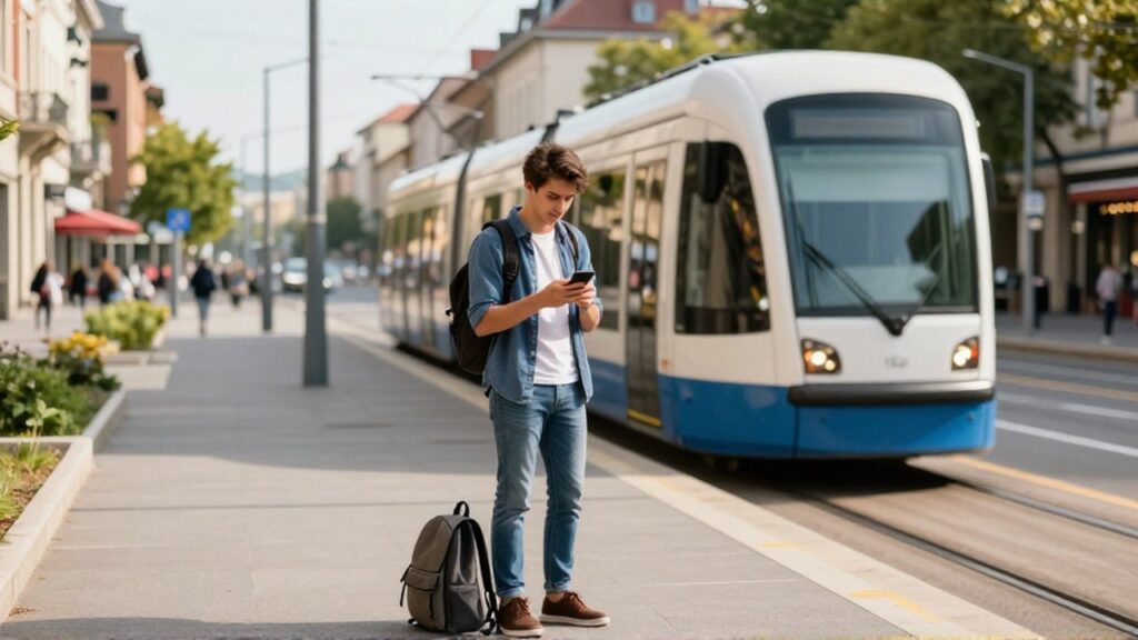 Joven viajero consulta su smartphone en un andén mientras espera un tranvía moderno en la ciudad.