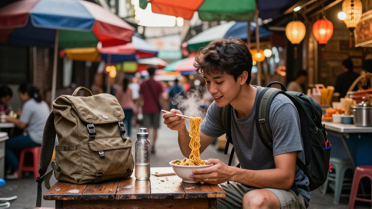 Un joven viajero disfruta un tazón de fideos en un concurrido puesto de comida callejera.
