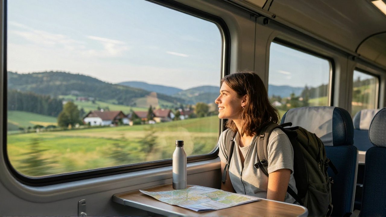 Una joven viajera sonríe sentada junto a la ventana de un tren mientras contempla el paisaje rural.