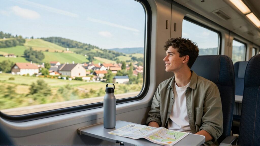 Un viajero sonriente mira el paisaje rural europeo desde la ventana de un tren moderno.
