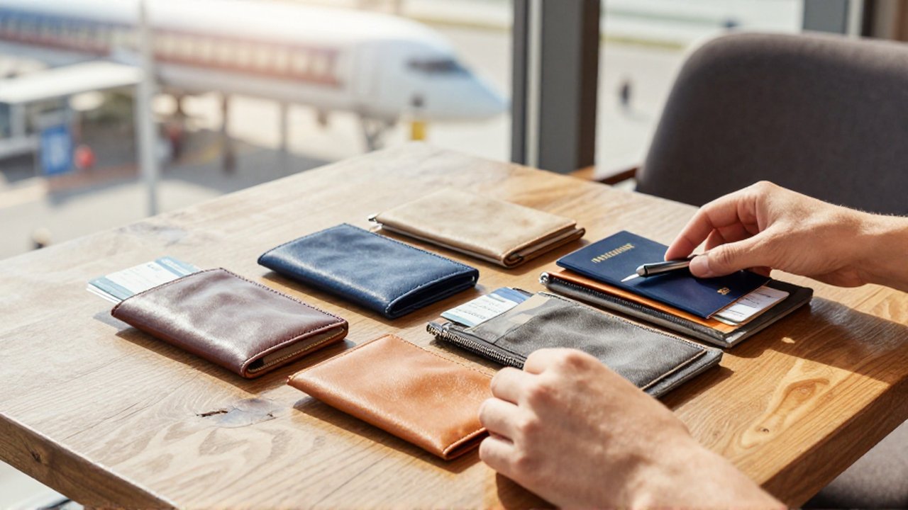 Manos organizando un pasaporte y una billetera de viaje sobre una mesa de madera en un café.